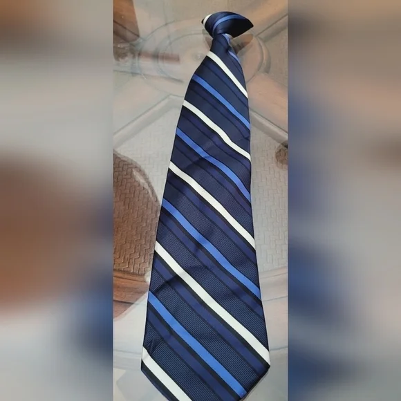 Clip on Tie Blue Black White Stripes - Picture 2 of 3